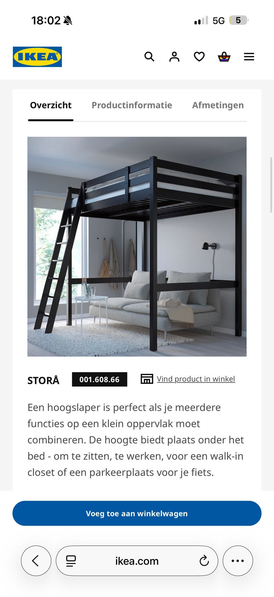 IKEA Stora Hoogslaper Zwart 140x200 cm met matras, Huis en Inrichting, Slaapkamer | Stapelbedden en Hoogslapers, Ophalen, Hoogslaper