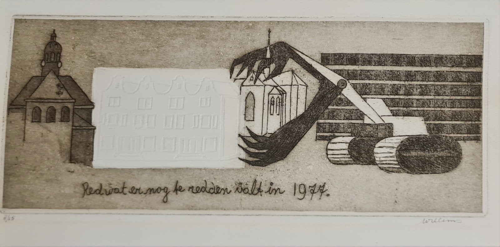 Protest ets tegen stadsvernieuwing Amsterdam jaren '70, Antiek en Kunst, 18 cm, Stadsgezicht, Ophalen of Verzenden, 38 cm