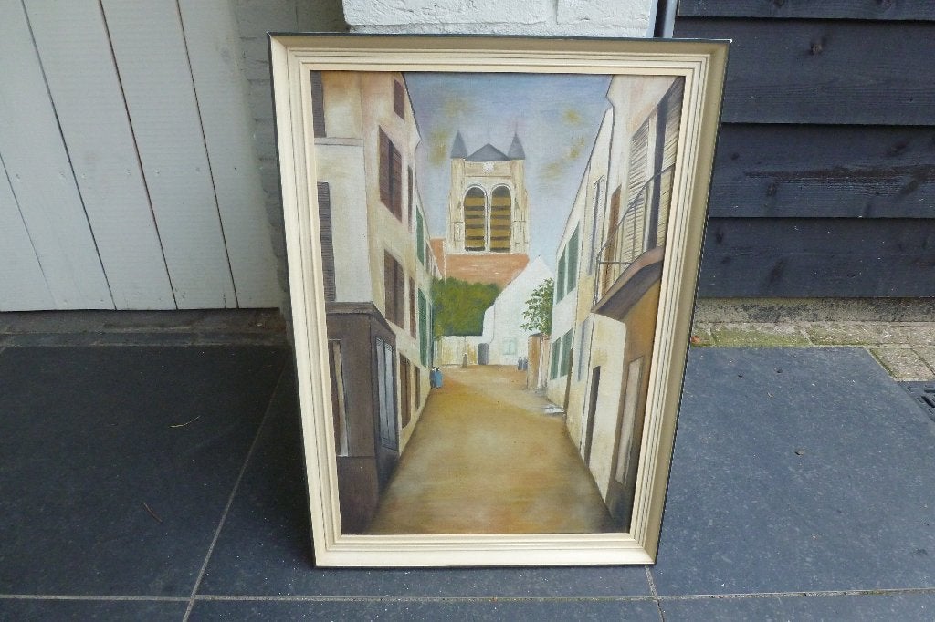 Schilderij olieverf op doek 60 x 40 cm ergens in Limburg?, Ophalen of Verzenden, Klassiek, Stads- / dorpsgezicht