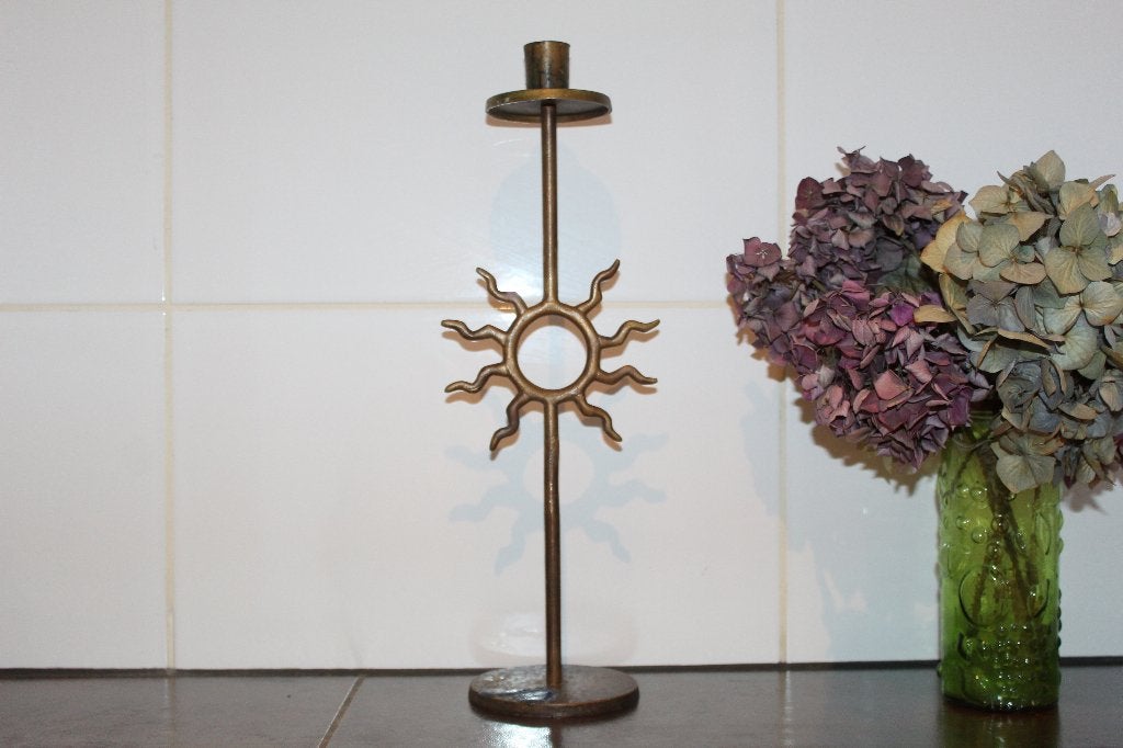 Messing zonnegod kandelaar, Ophalen of Verzenden, Gebruikt, Brons of Koper, Minder dan 25 cm