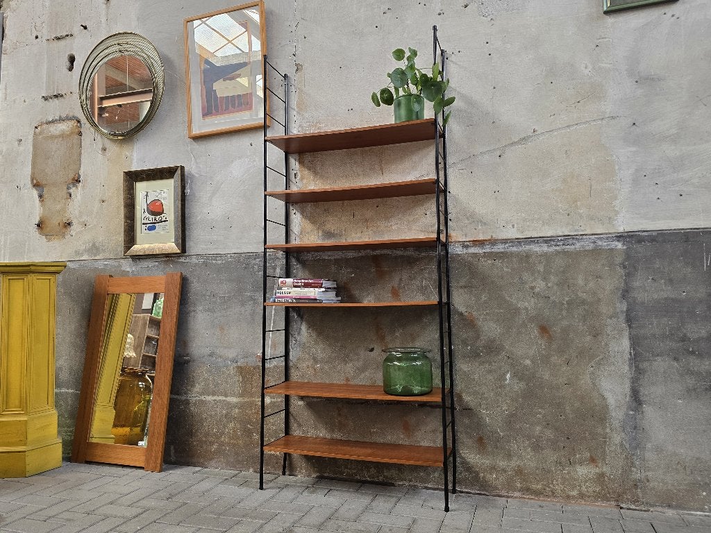 Jaren 60 Vintage Wandmeubel Teak | Wand Rek Planken Hout, Met plank(en), Gebruikt, 200 cm of meer, Ophalen of Verzenden