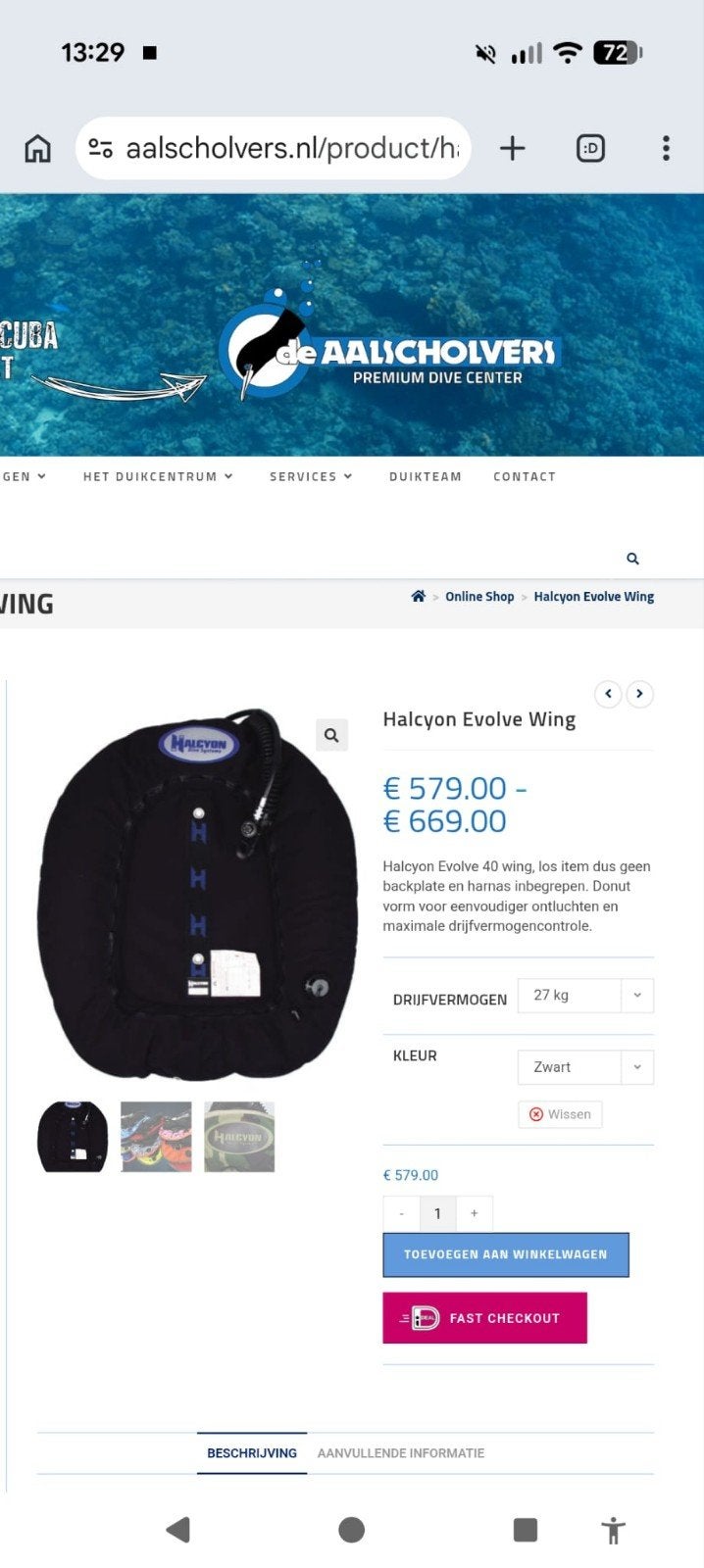 Halcyon evolve 60 - Duikwing, Watersport en Boten, Duiken, Ophalen, Zo goed als nieuw, Trimvest of Wing