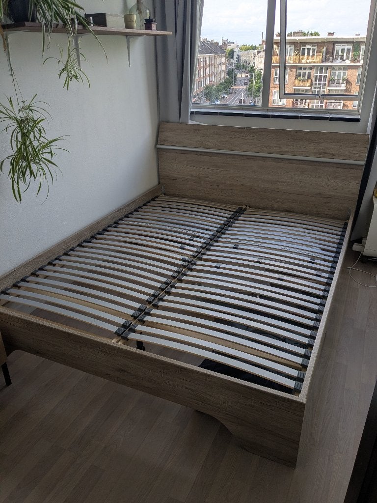 Tweepersoons bed (160x200), Huis en Inrichting, Slaapkamer | Bedden, Ophalen, Gebruikt, Bruin, Tweepersoons