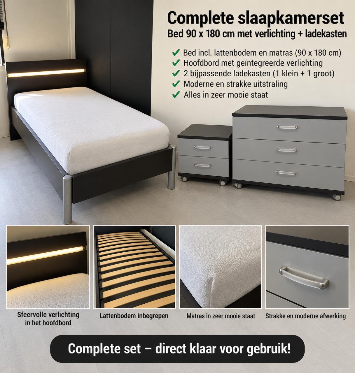 Complete slaapkamerset – bed 90x180 + 2 ladenkasten, Huizen en Kamers