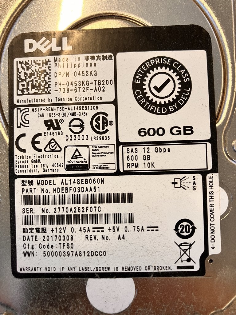 Dell SAS disk, 600 GB, RPM 10k, Intern, SAS, Server, HDD