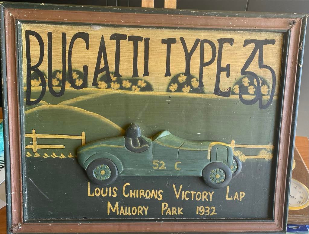 Vintage Bugatti Type 35 Houten Plaquette - Louis Chiron 1932, Ophalen of Verzenden