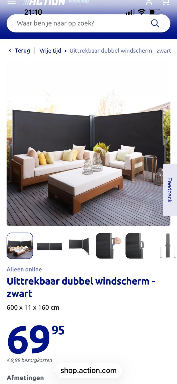 Action uitrekbaar windscherm zwart nieuw !, Tuin en Terras, Ophalen, Zo goed als nieuw