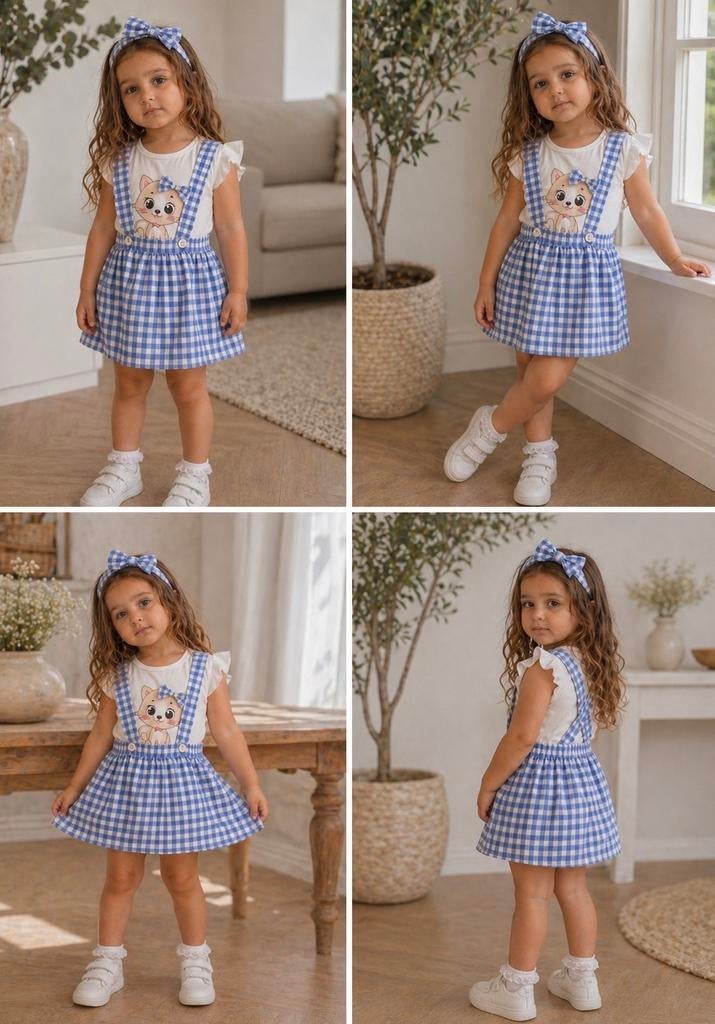Schattig geruit jurkje met katten T-shirt en haarband, Ophalen of Verzenden, Nieuw, Meisje, Setje