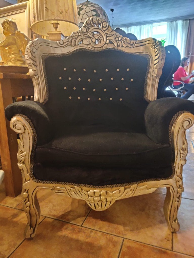 Luxe Barok Fauteuil/ Troonstoel – Zwart Velours & Zilver, Ophalen