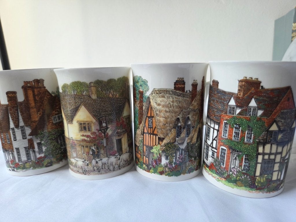 Vintage Dunoon Stoneware Cottage Life set of 4 mok, Ophalen of Verzenden, Gebruikt, Overige stijlen, Kop(pen) en/of Schotel(s)