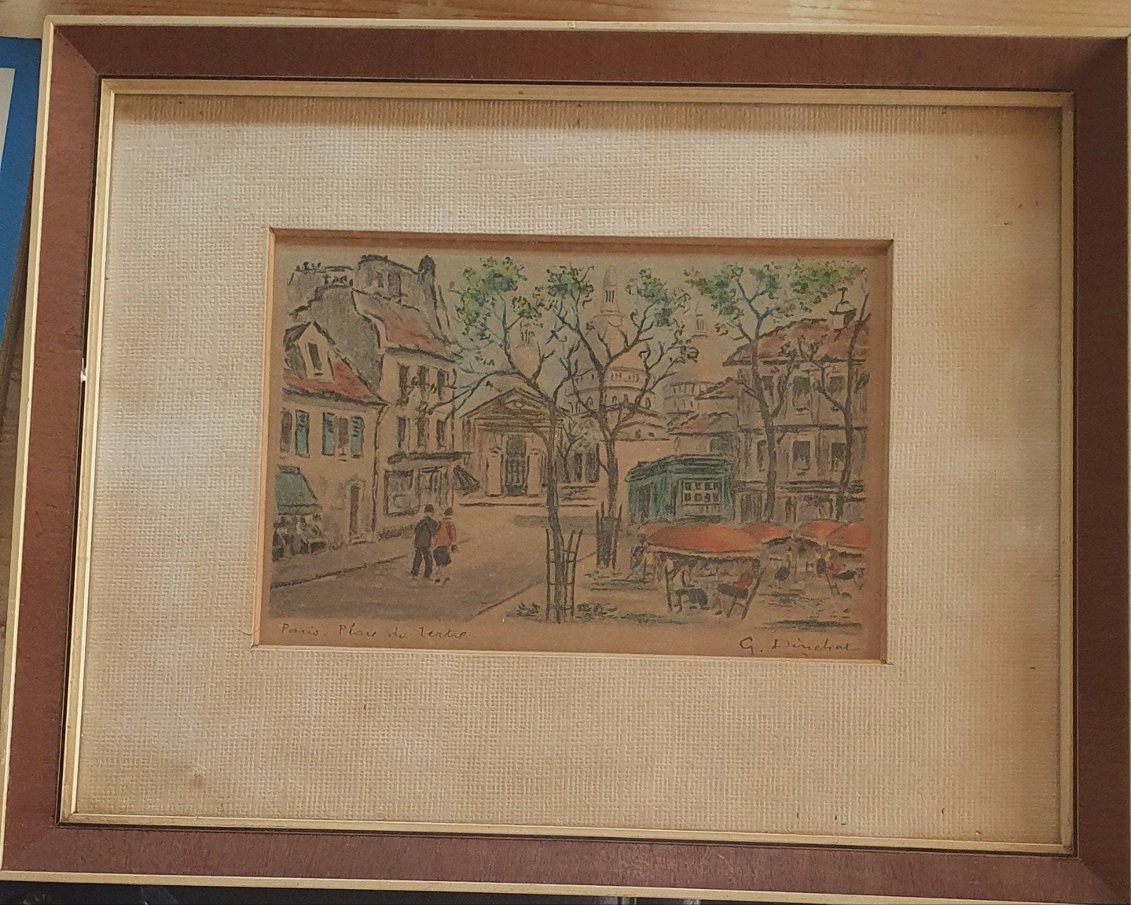 plac du Tertre Stadsgezicht Parijs - Gesigneerd G. Dinchat, Aquarel, Papier/karton, Ophalen of Verzenden, Stadsgezicht