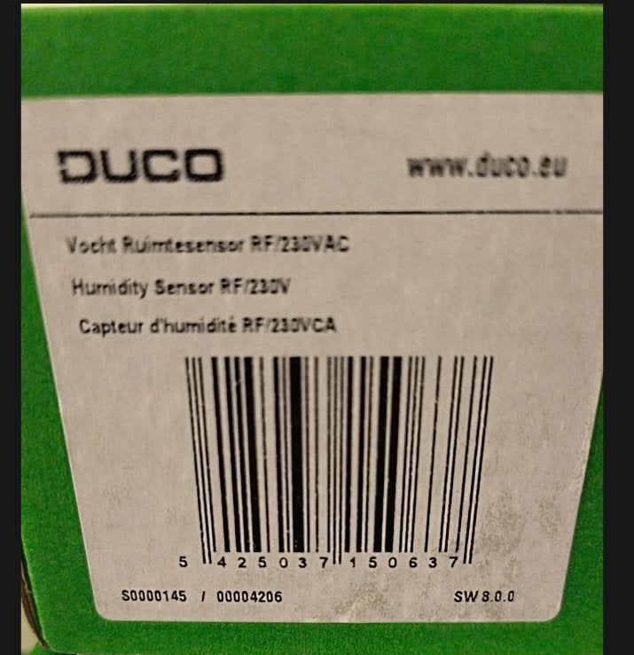 DUCO Vocht Ruimtesensor RF/230VAC – Ventilatie, Ophalen of Verzenden, Nieuw, Ventilator en Afzuiger