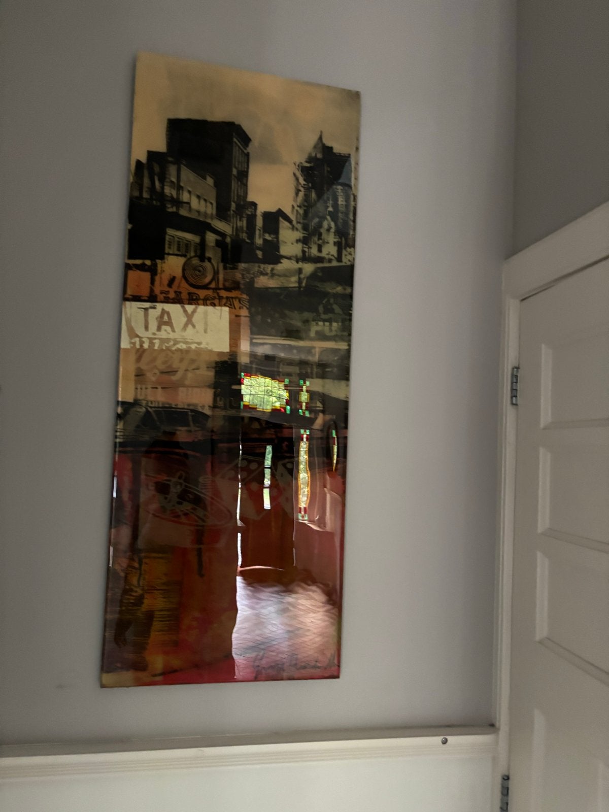 Modern schilderij stadsgezicht met taxi -George Heidweiller, Ophalen, Gelakt/vernis, Gemengde techniek, Overige materialen