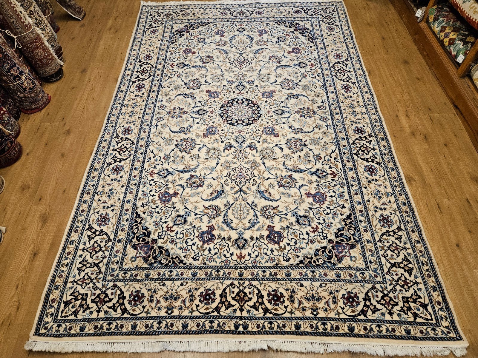 Vintage handgeknoopt perzisch tapijt nain 313x198, Info@SlatsAntiek.nl, Tweedehands, Blauw, 100 tot 150 cm