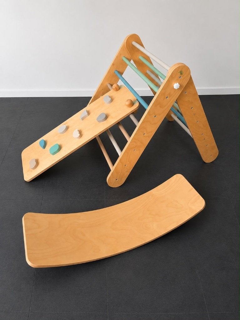 Massief houten Pikler driehoek + klimplank + balansbord, Ophalen of Verzenden, Zo goed als nieuw