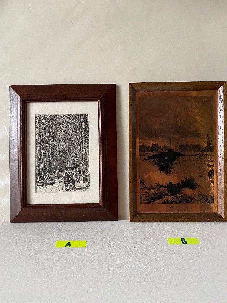Ingelijste gravure en ingelijste kopergravure, Antiek en Kunst, Kunst | Etsen en Gravures, 18 cm, 23 cm, Ophalen of Verzenden