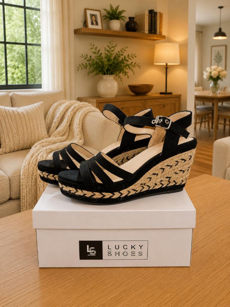 Zwarte espadrilles met sleehak – Maat 38, Zwart, Lucky Shoes, Nieuw, Ophalen of Verzenden