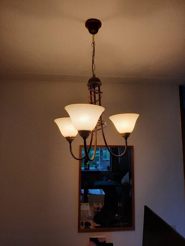Hanglamp met 3 kelken, Huis en Inrichting, Lampen | Hanglampen, Ophalen, Gebruikt, Glas