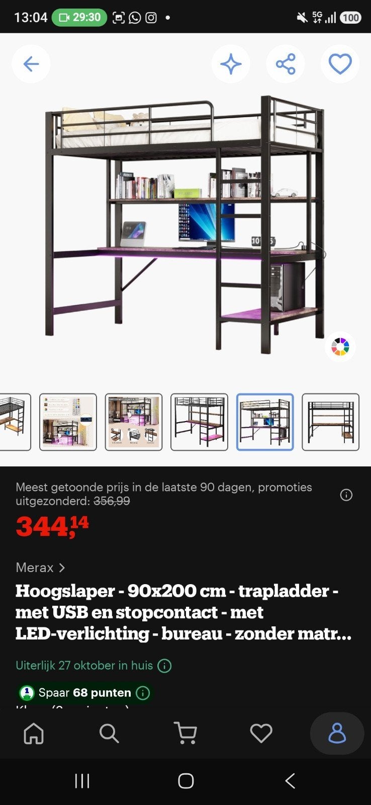 Hoogslaper 90x200 cm met bureau, LED en USB-aansluiting, Eenpersoons, Nieuw, Ophalen of Verzenden, 200 cm