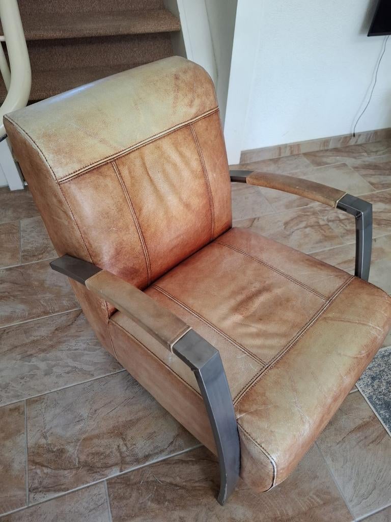 2 Vintage Leren Fauteuils Cognac, Ophalen, Gebruikt, 75 tot 100 cm, Leer