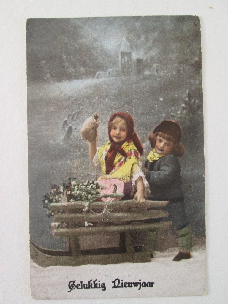 kinderen slee  Gelukkig Nieuwjaar, Ophalen of Verzenden, Voor 1920, Gelopen, Feest(dag)