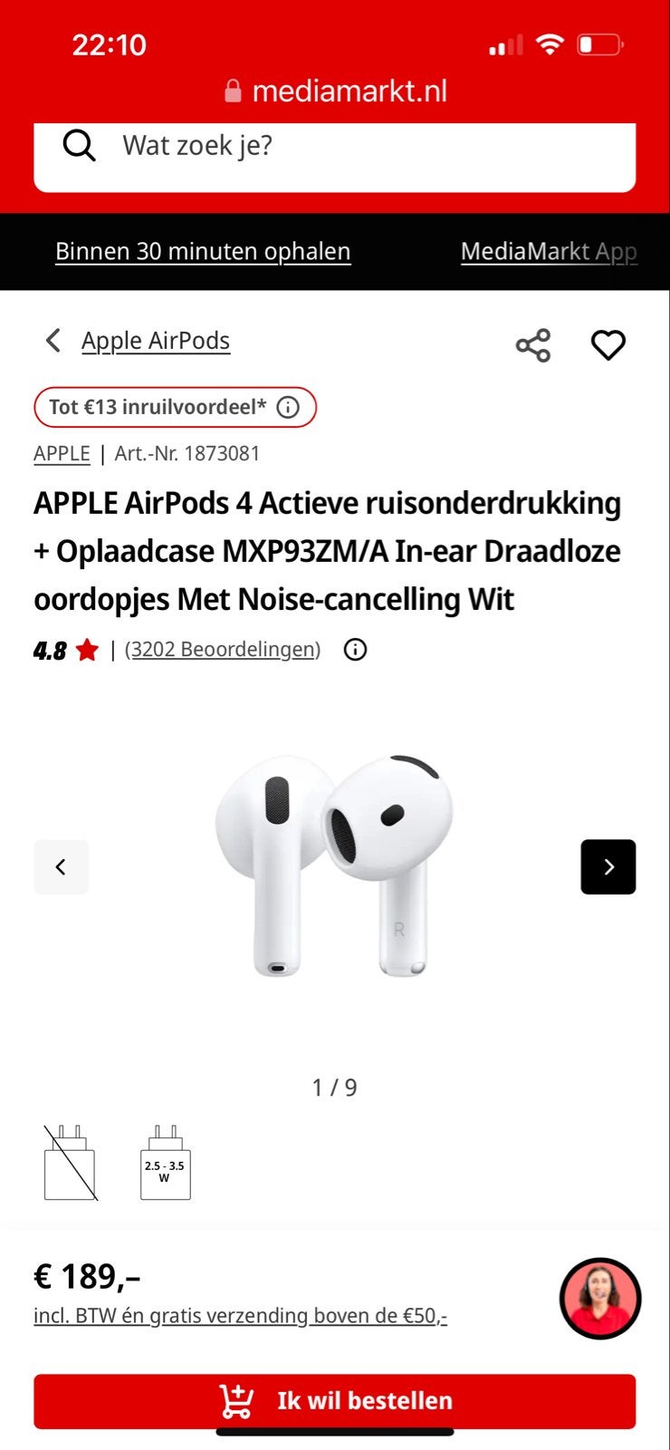 Apple AirPods 4 met actieve ruisonderdrukking en oplaadcase, Ophalen, In-ear, Bluetooth, Nieuw