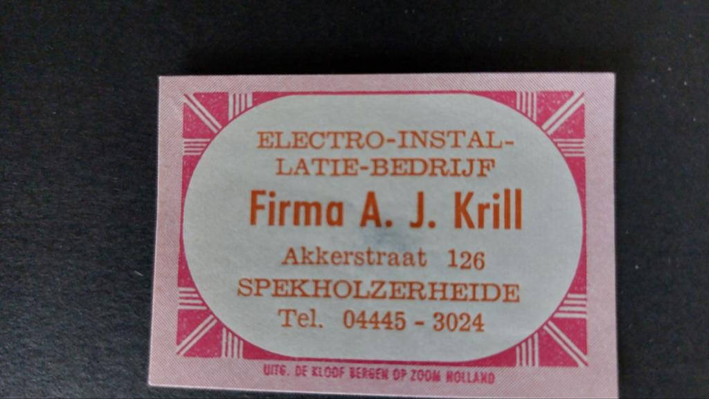 Luciferetiket, Spekholzerheide Firma A.J.Krill electro-insta, Verzamelen, Verzenden, Zo goed als nieuw, Luciferdoosjes of -merken