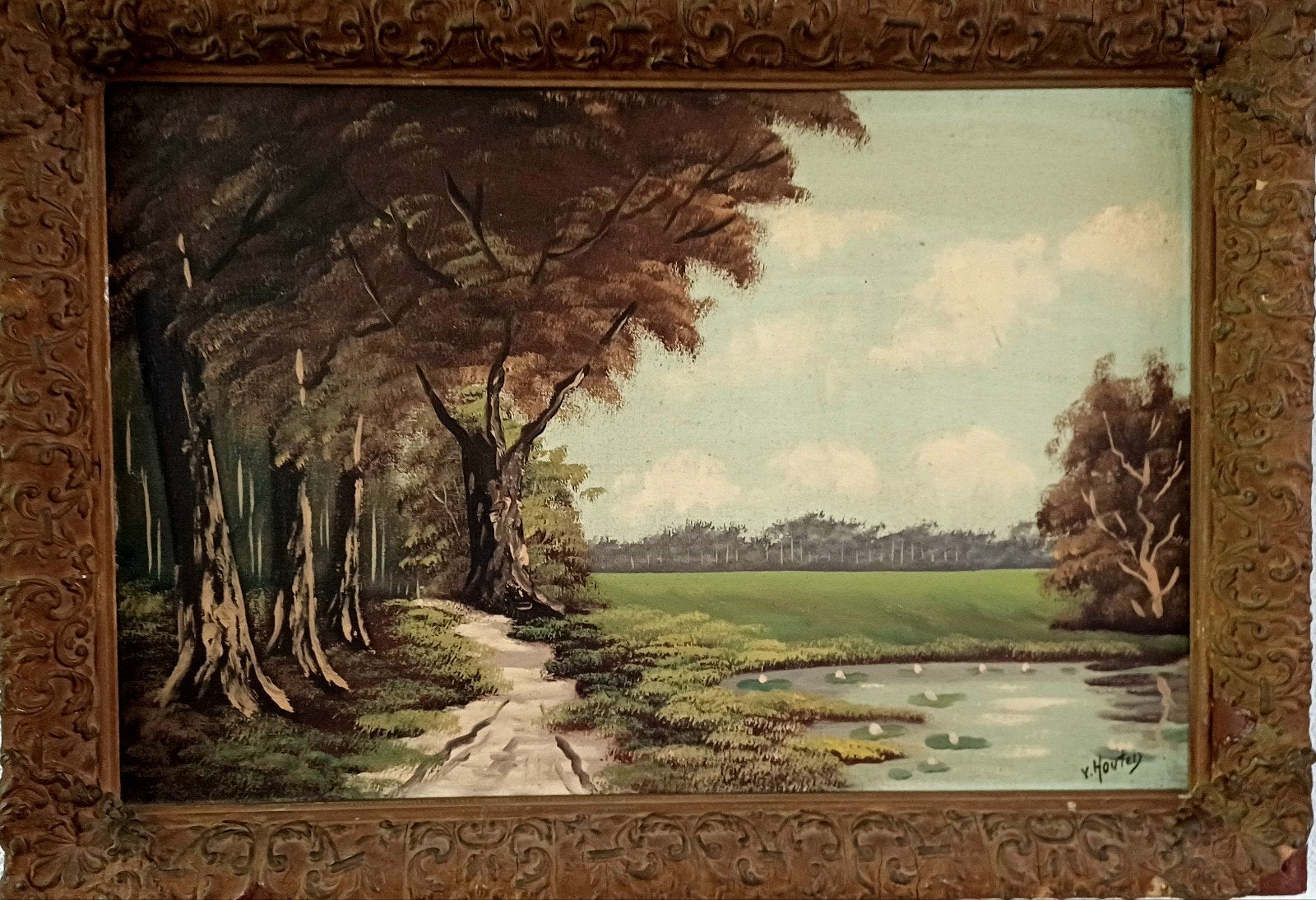 Schilderij V. Houtel - Boslandschap met vijver, Antiek en Kunst, Ophalen