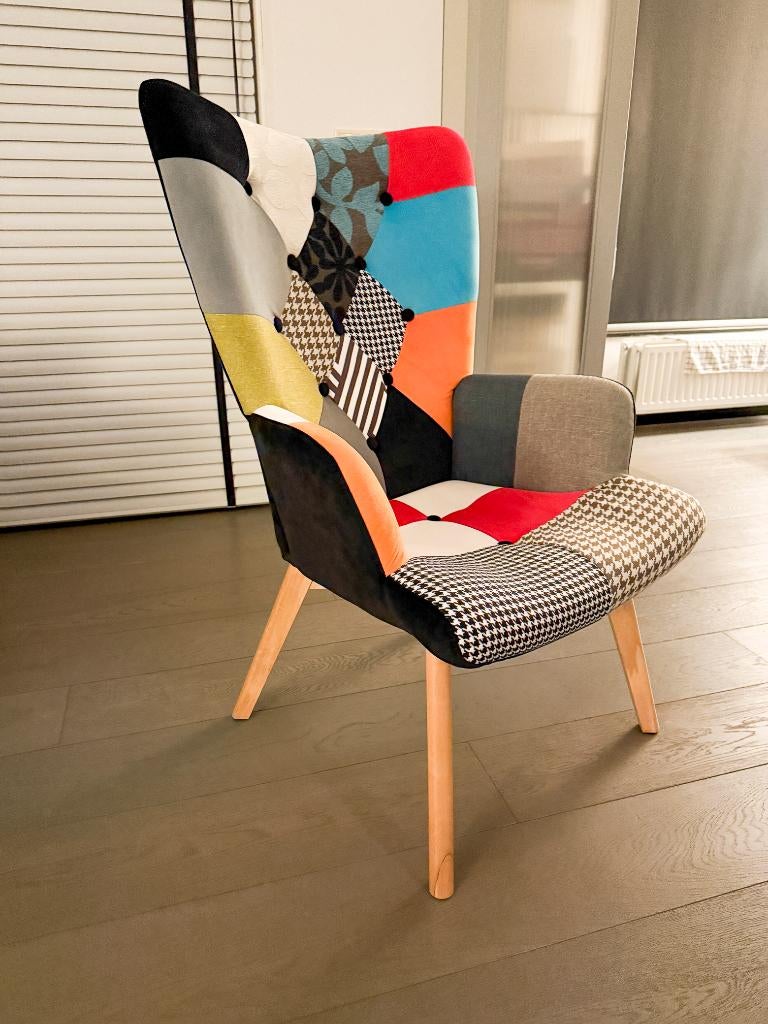 Patchwork Scandinavisch design stoel, Huis en Inrichting, Fauteuils, Ophalen, Overige materialen, 50 tot 75 cm, Scandinavisch patchwork design
