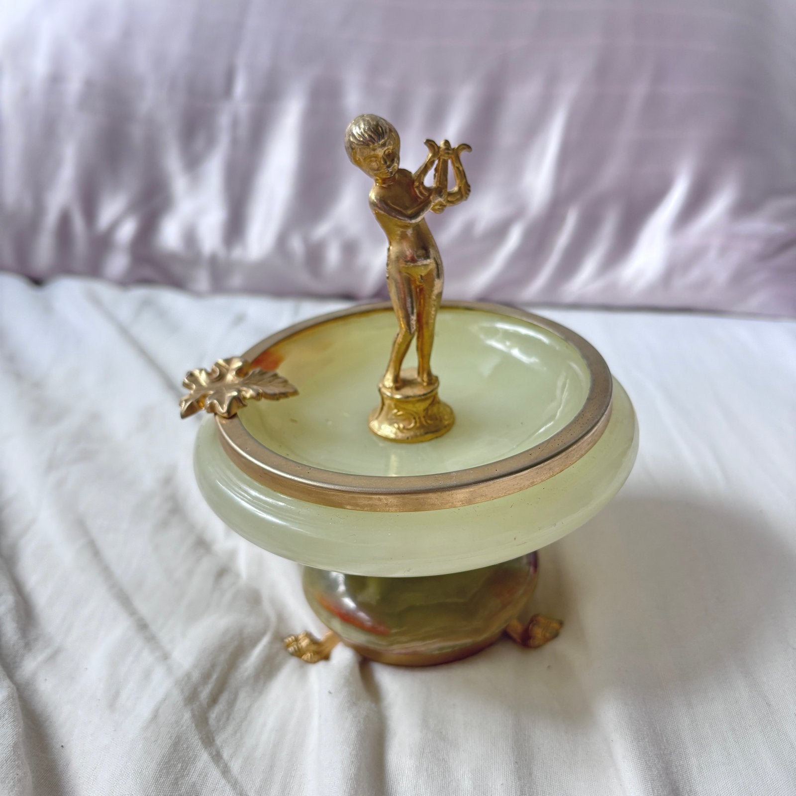 Vintage Onyx Asbak met Bronzen Beeldje van Jongen met Lier, Ophalen of Verzenden