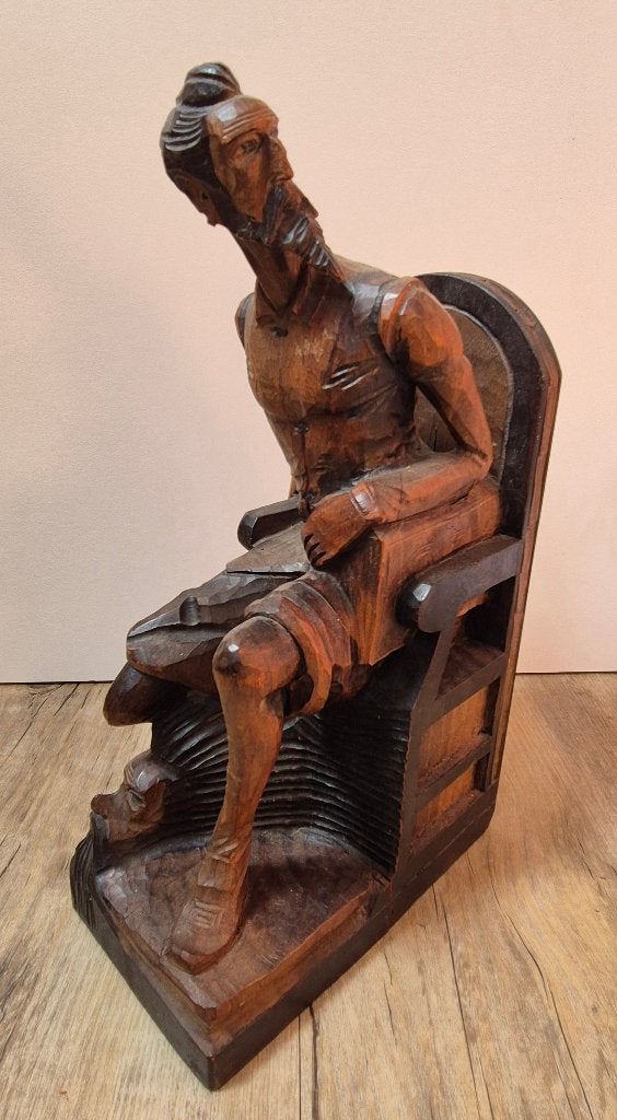 Antieke handgesneden boekensteun Don Quichot, Ophalen, Houtsnijwerk, Handgemaakt, 20 - 50 cm