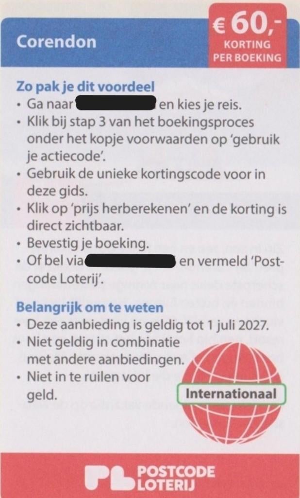 Corendon € 60,- korting. Postcodeloterij kortingsbon., Tickets en Kaartjes, Hotelbonnen, Drie personen of meer, 3 overnachtingen of meer