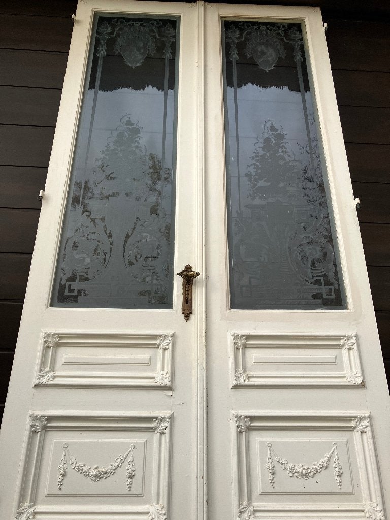 Uitzonderlijk hoge dubbele ensuite deur art-deco geëtst glas, Ophalen, Binnendeur, Zo goed als nieuw, Glas