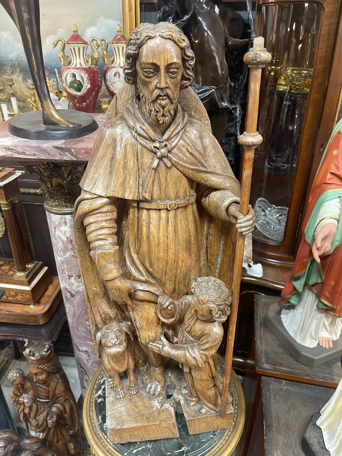 Antiek Houten Beeld: Heilige met Kind en Hond uit 1900, Antiek en Kunst, Handgemaakt, Beeld, Hout, Bruin