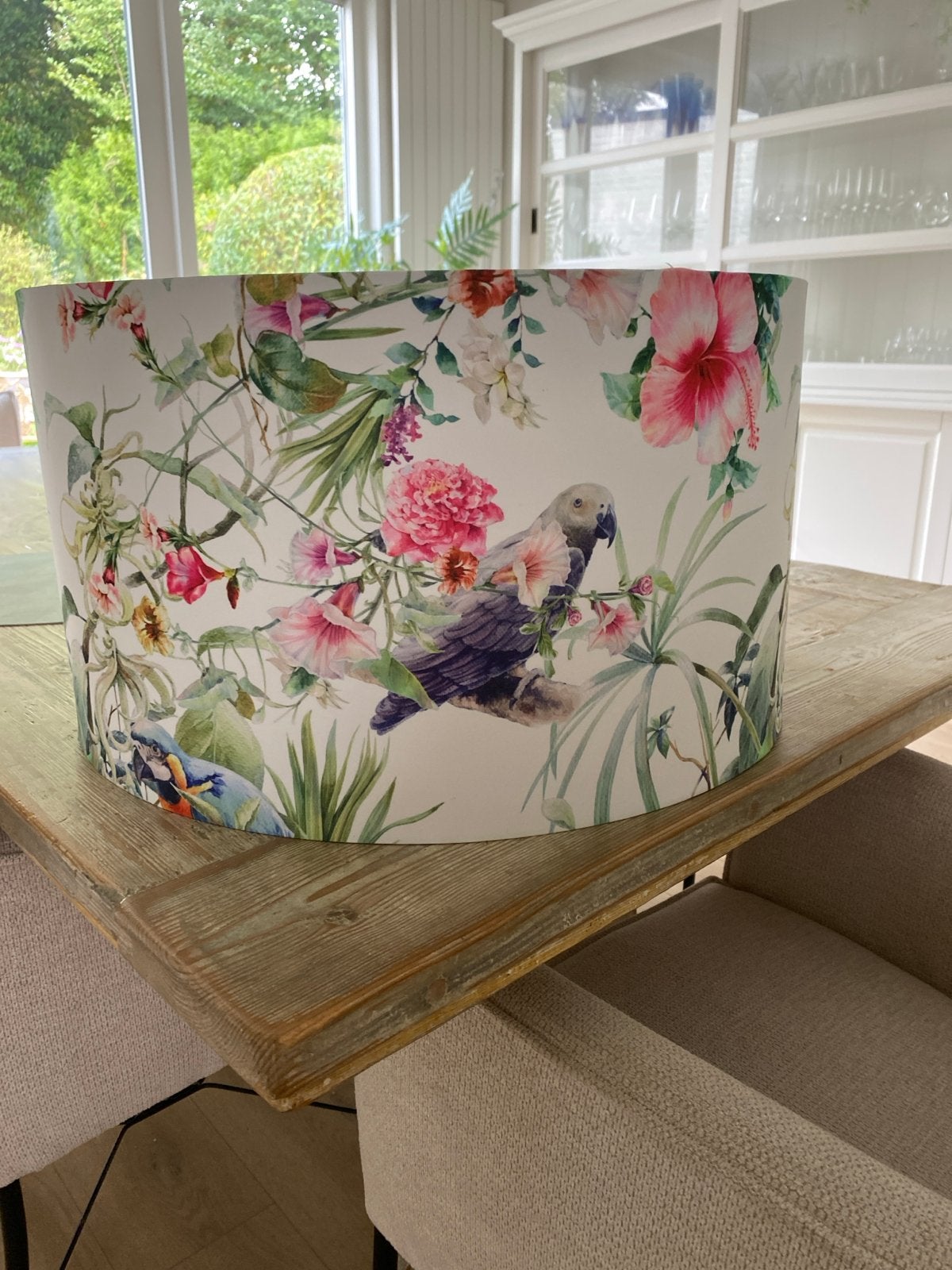 Prachtige hanglamp met bloemen en vogels - Ø 52 cm, Ophalen of Verzenden, Zo goed als nieuw, Textiel, E27 (groot)