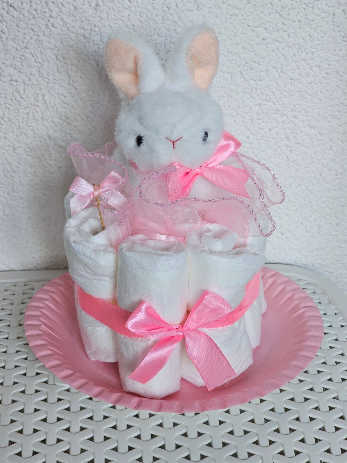 Roze luiertaart konijntje knuffel baby geschenk meisje Girl, Ophalen of Verzenden, Zo goed als nieuw