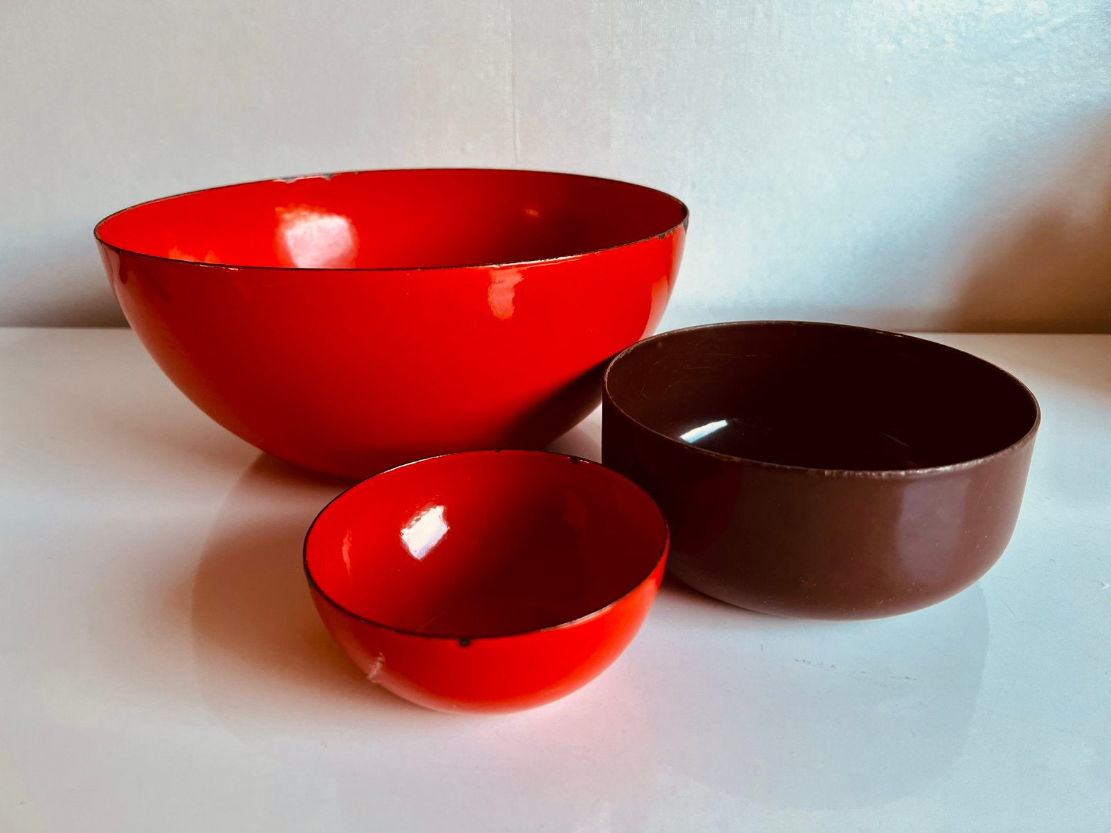 3 Vintage Arabia Finel Enamel Schalen Rood Bruin Kaj Franck, Ophalen of Verzenden