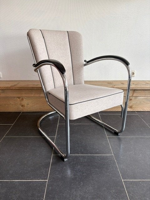 2 Gispen 412S fauteuils, chroom, Divina Melange , beige, Design, 75 tot 100 cm, Zo goed als nieuw, Stof
