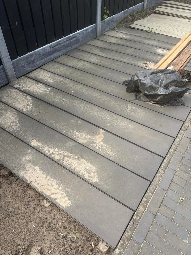 Composieten vlonderplanken grijs/zwart met onderbalken, Tuin en Terras, Terrasdelen en Vlonders, Ophalen, Zo goed als nieuw, Composiet