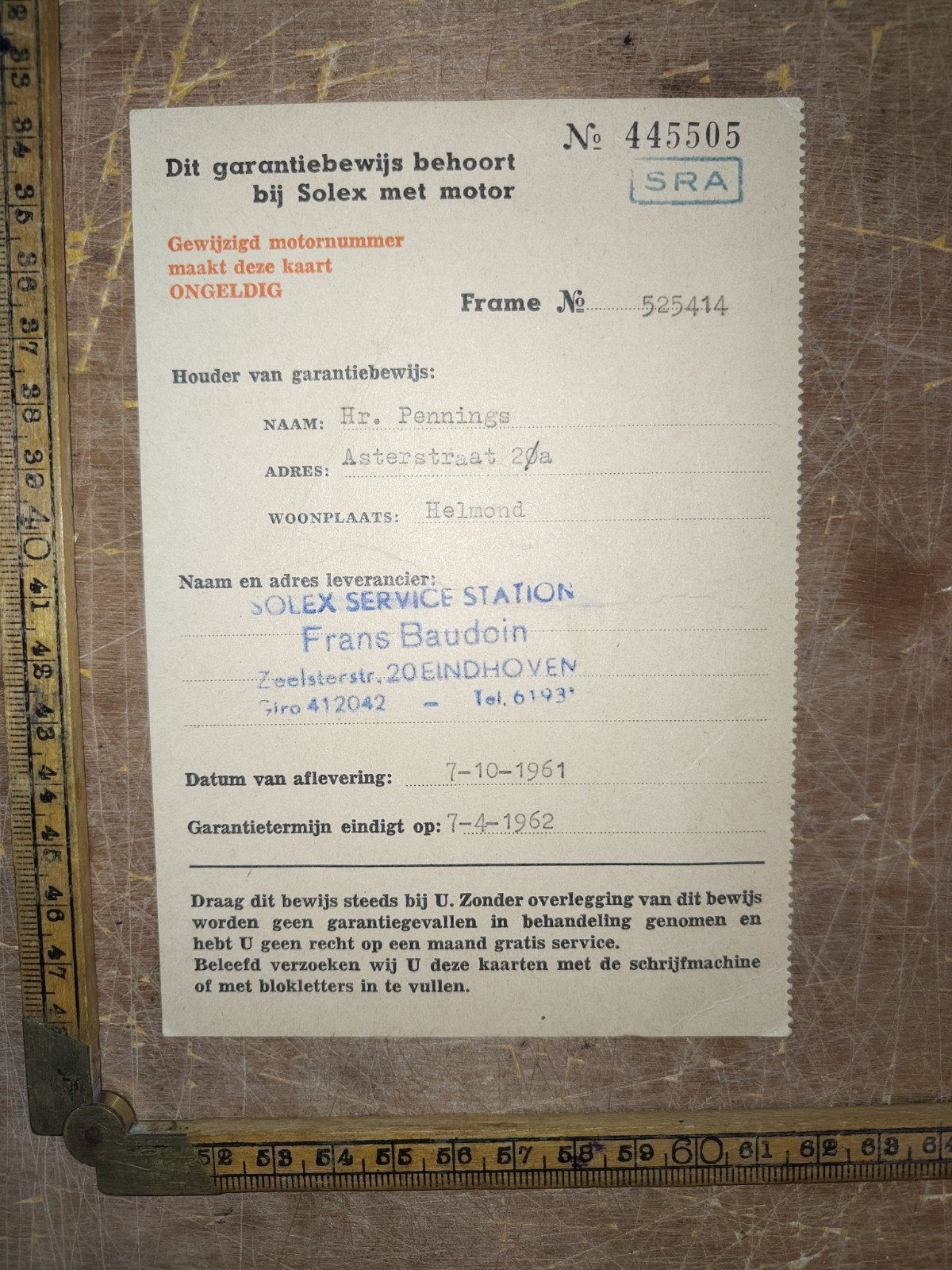 Garantie bewijs Solex 1961, Ophalen of Verzenden, Gebruikt