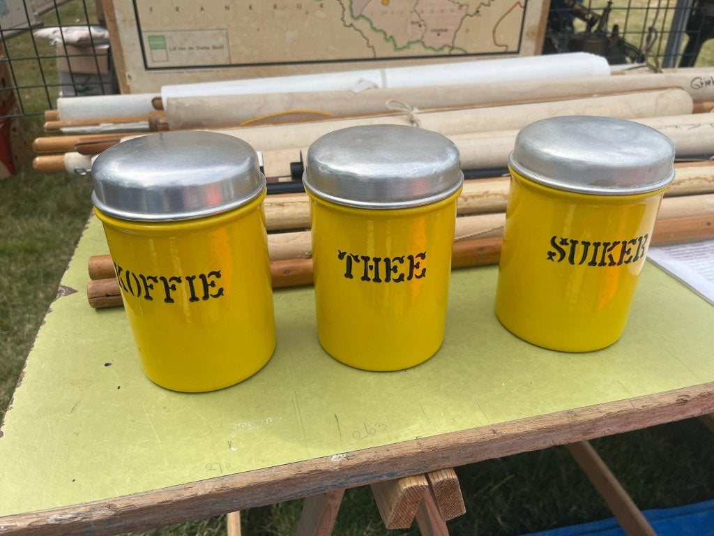 Emaille Voorraadbussen Geel Koffie, thee, suiker, Ophalen of Verzenden