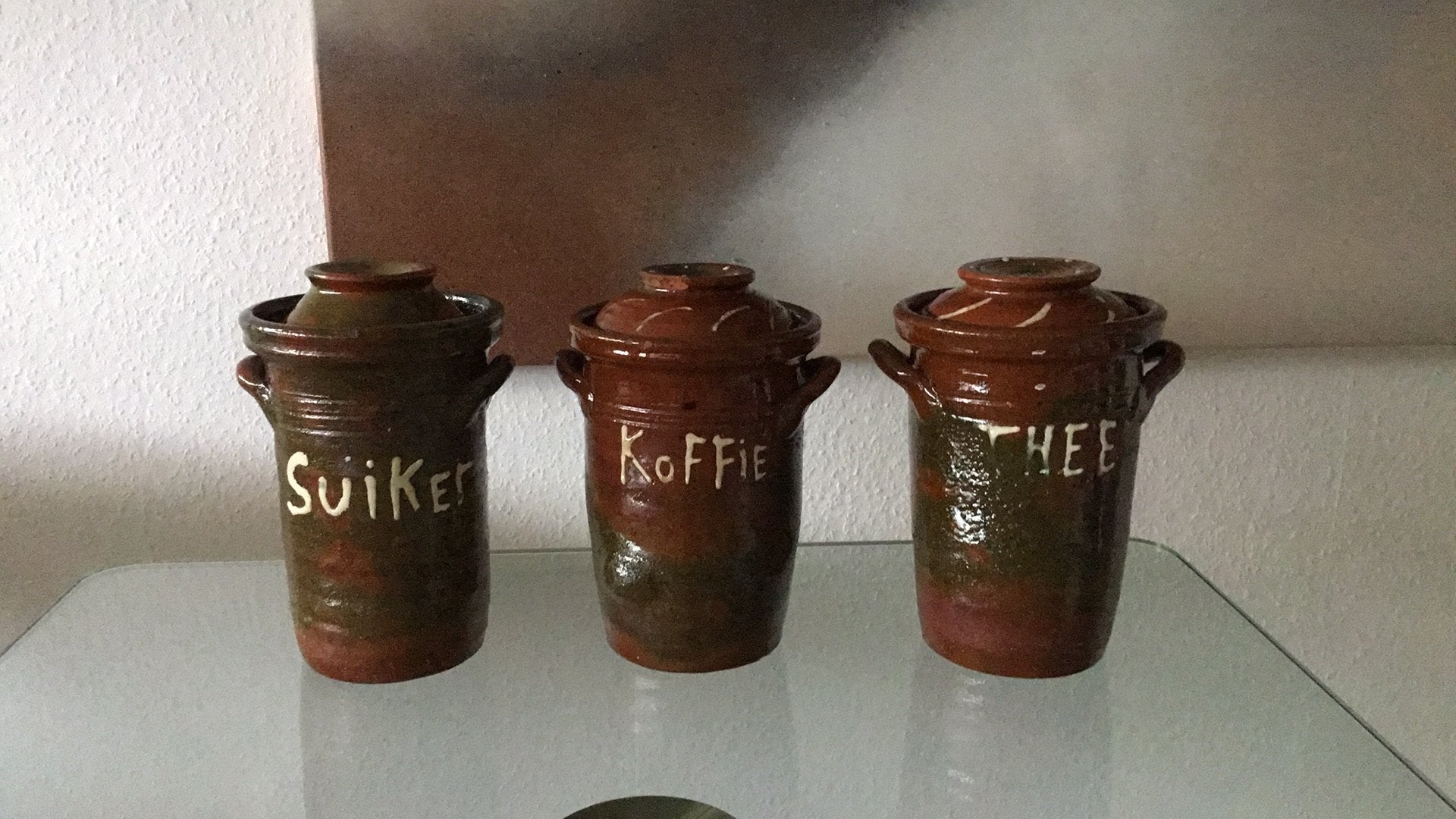 Aardewerk potten thee, koffie en suiker, Ophalen, Gebruikt, Overige materialen, Overige typen
