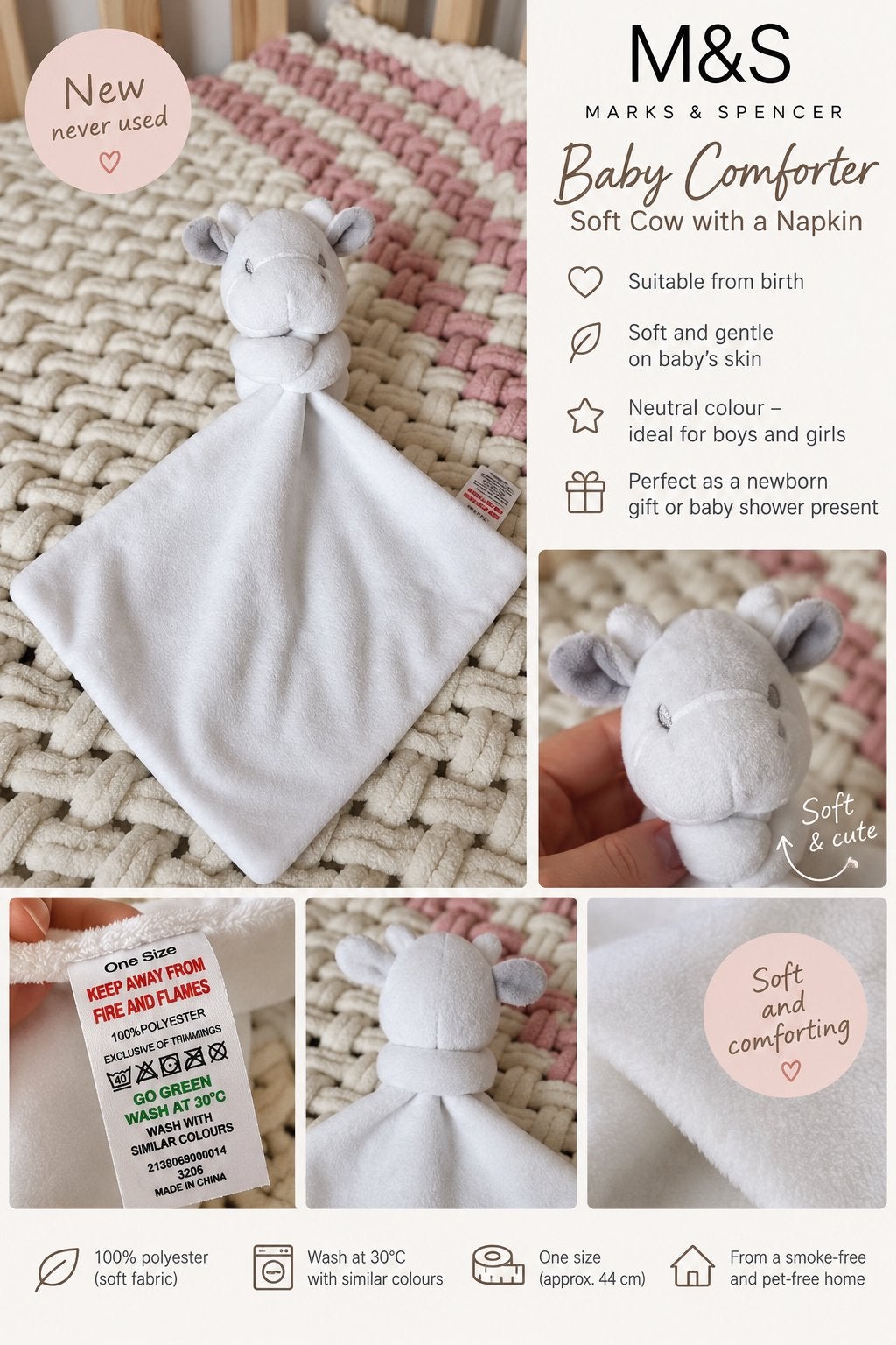 Nieuwe M&S baby knuffeldoek koe – wit, Ophalen of Verzenden, Nieuw, Kraamcadeau