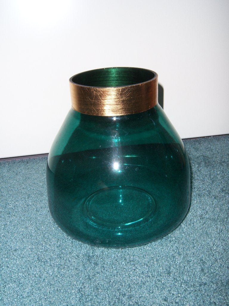 Groene glazen vaas Kare Design Positano Belly + gouden rand, Huis en Inrichting, Ophalen of Verzenden, 20 cm, Groen, Glas