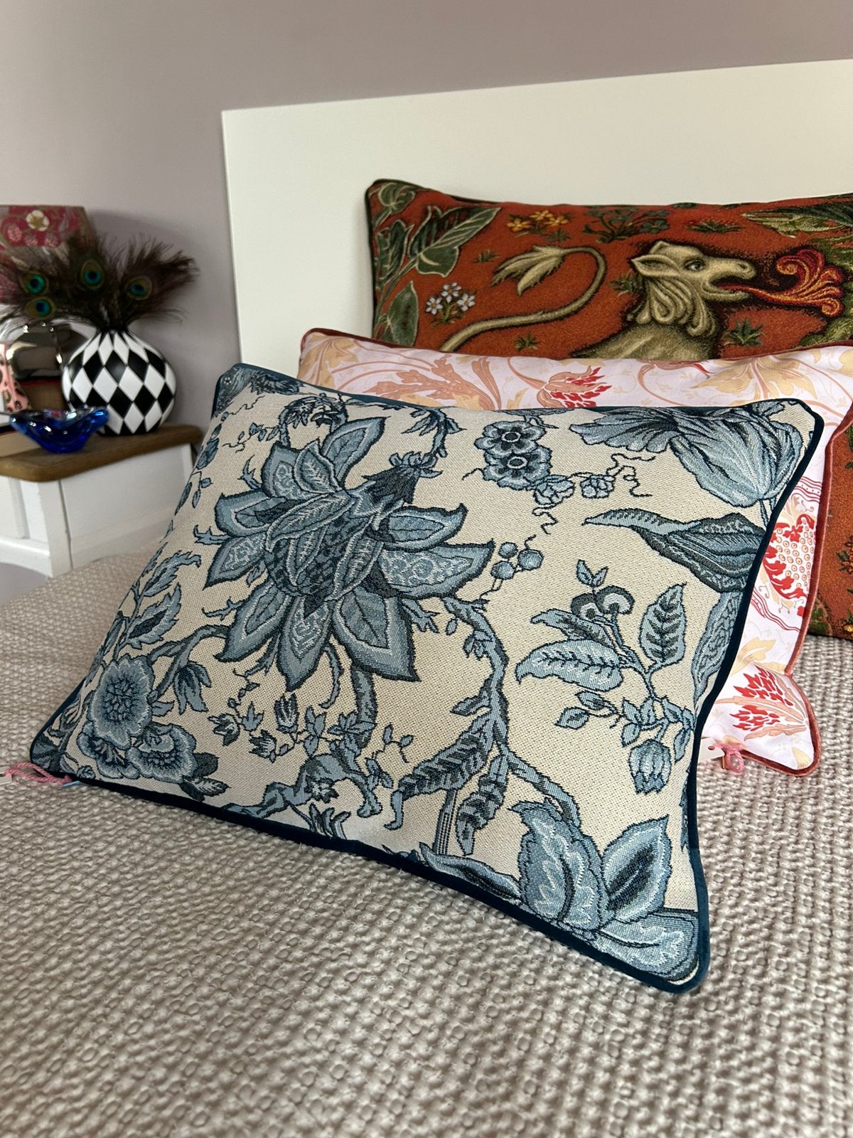Decoratieve kussenhoes Barbados-gobelin, fluwelen paspel, Ophalen of Verzenden, Nieuw, Blauw, Vierkant