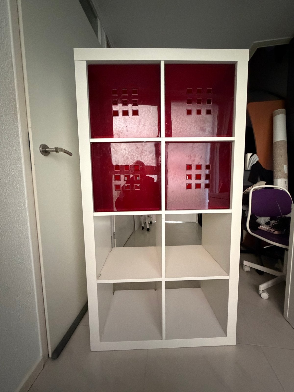 IKEA Kallax kast met rode opbergmanden, Ophalen, Gebruikt