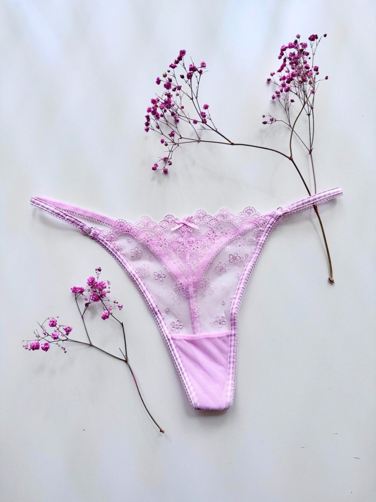 Roze kanten string met bloemenpatroon, Onbekend, Verzenden, Paars, String