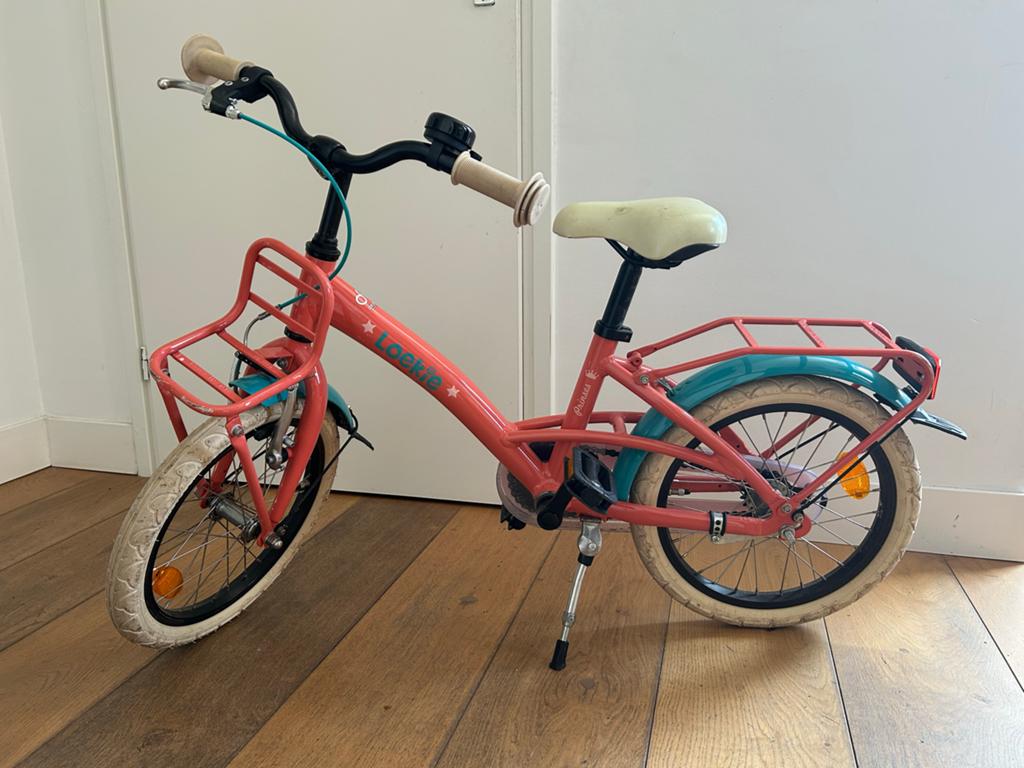 Loeki Princess 12 inch kinderfiets – zalm roze, Ophalen, Terugtraprem, Zijwieltjes, Gebruikt