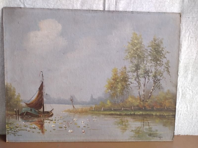 Schilderijtje Zeilboot op plas met waterlelies, Antiek en Kunst, Kunst | Schilderijen | Klassiek, Ophalen of Verzenden, Klassiek