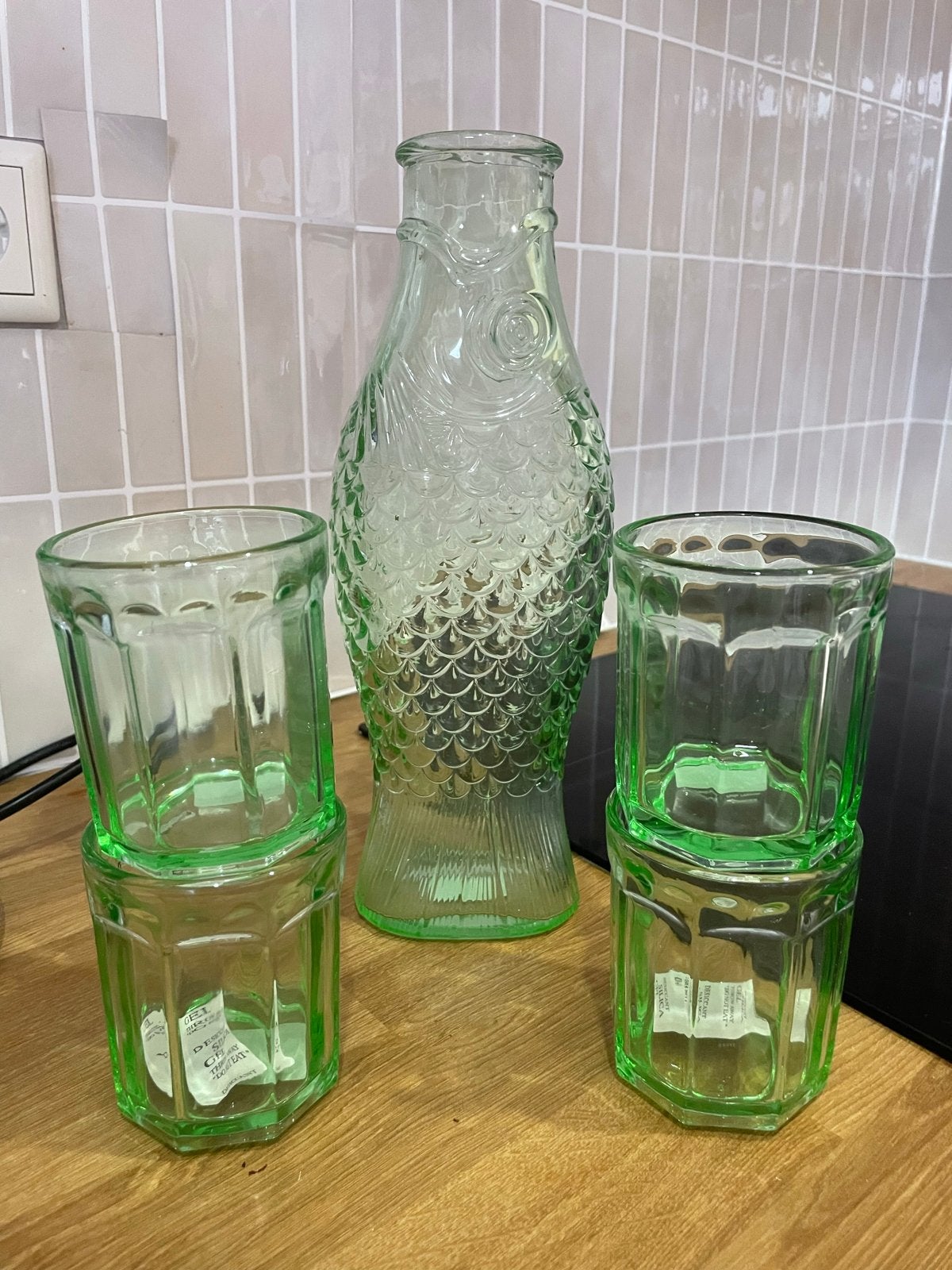 Groene glazen karaf en glazen set (nieuw), Ophalen